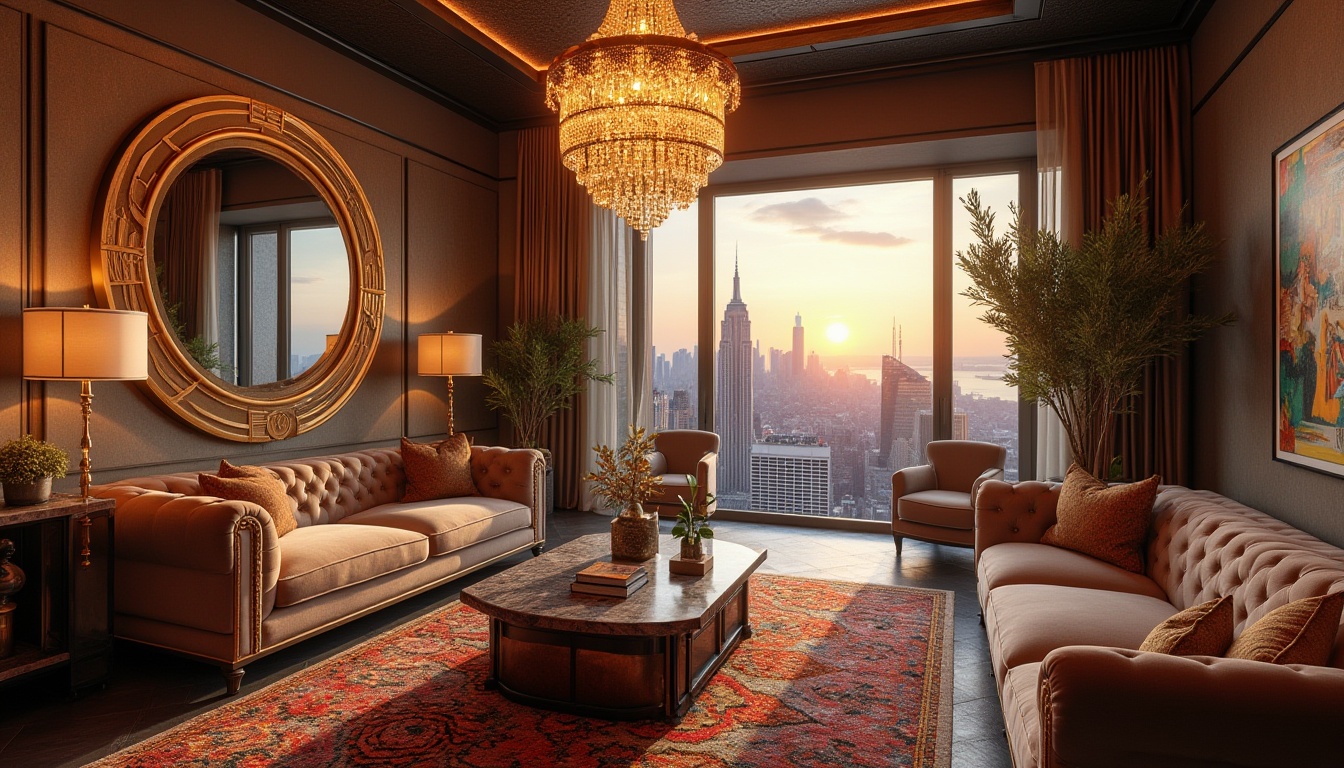 Prompt: Luxurious living room, art deco style, geometric patterns, metallic accents, glamorous chandelier, velvet sofa, marble coffee table, ornate mirror frame, lavish curtains, bold colorful rug, jazz age inspired decorations, 1920s ambiance, warm golden lighting, luxurious fabrics, abstract artwork, grand city skyscraper view, sunset time, high-rise building, urban landscape.