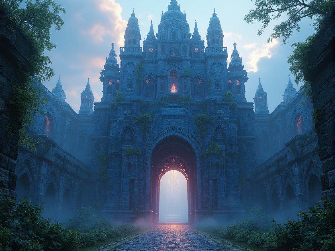 Prompt: Ancient monument, grandiose architecture, blue violet stones, intricate carvings, ornate details, mystical ambiance, atmospheric lighting, misty fog surrounding, lush greenery, vines crawling up the walls, majestic entrance, symmetrical composition, warm sunlight casting long shadows, dramatic clouds in the background, 3/4 view, low-angle shot, cinematic mood, fantasy setting, mythical creatures lurking in the surroundings.