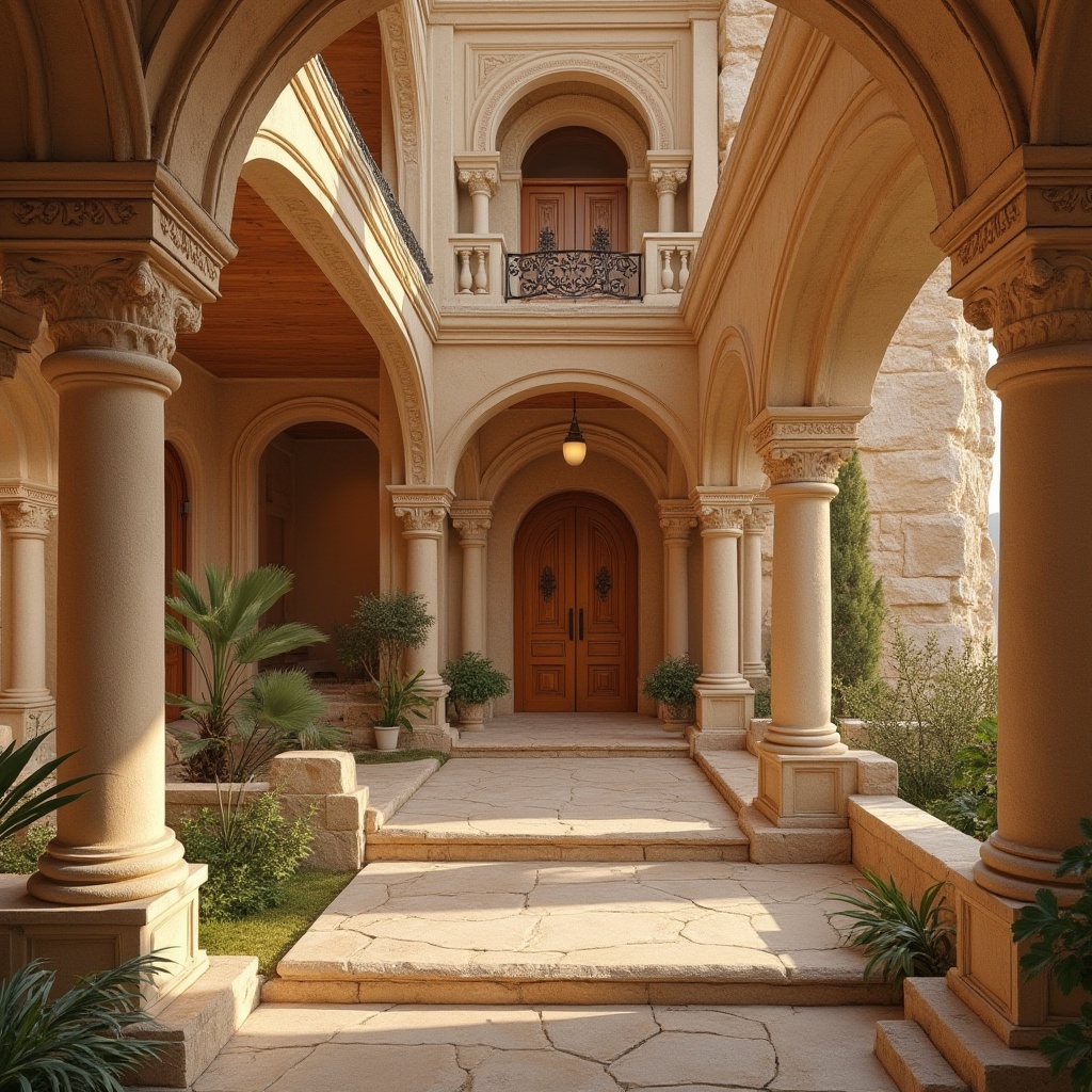 Prompt: Sandstone architecture, building facade, ornate carvings, rustic texture, warm beige color, natural patterns, column details, arches, grand entrance, luxurious villa, Mediterranean style, sunset lighting, warm ambient glow, shallow depth of field, cinematic composition, 3/4 view, low-angle shot.