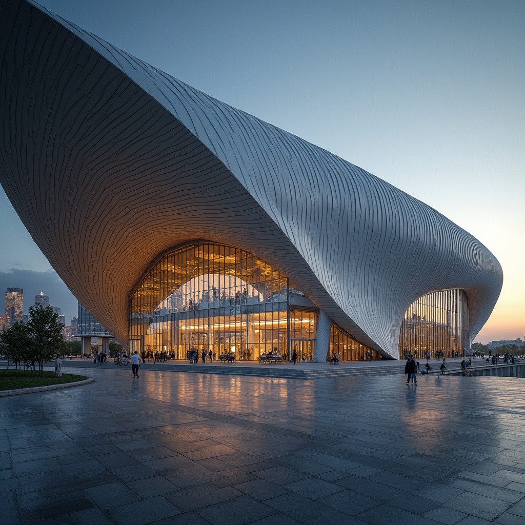 Prompt: Modern stadium, corrugated iron roof, curved structure, natural light, industrial texture, silver color, metallic material, angular lines, urban background, cityscape view, evening time, warm lighting, 3/4 composition, low-angle shot, detailed architecture, contemporary design, sleek shape, massive scale, dynamic atmosphere.