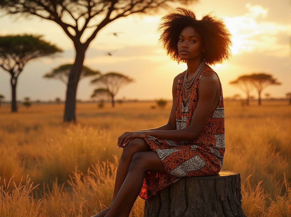 Prompt: Savannah-inspired woman, Afro-puff hair, natural earthy tone makeup, African-print dashiki dress, layered necklace, anklet, barefoot, sitting on tree stump, surrounded by Acacia trees, golden hour, warm soft lighting, majestic savannah landscape, few birds flying in the sky, subtle wind blowing through the grass, cinematic composition, 3/4 view, natural ambiance.