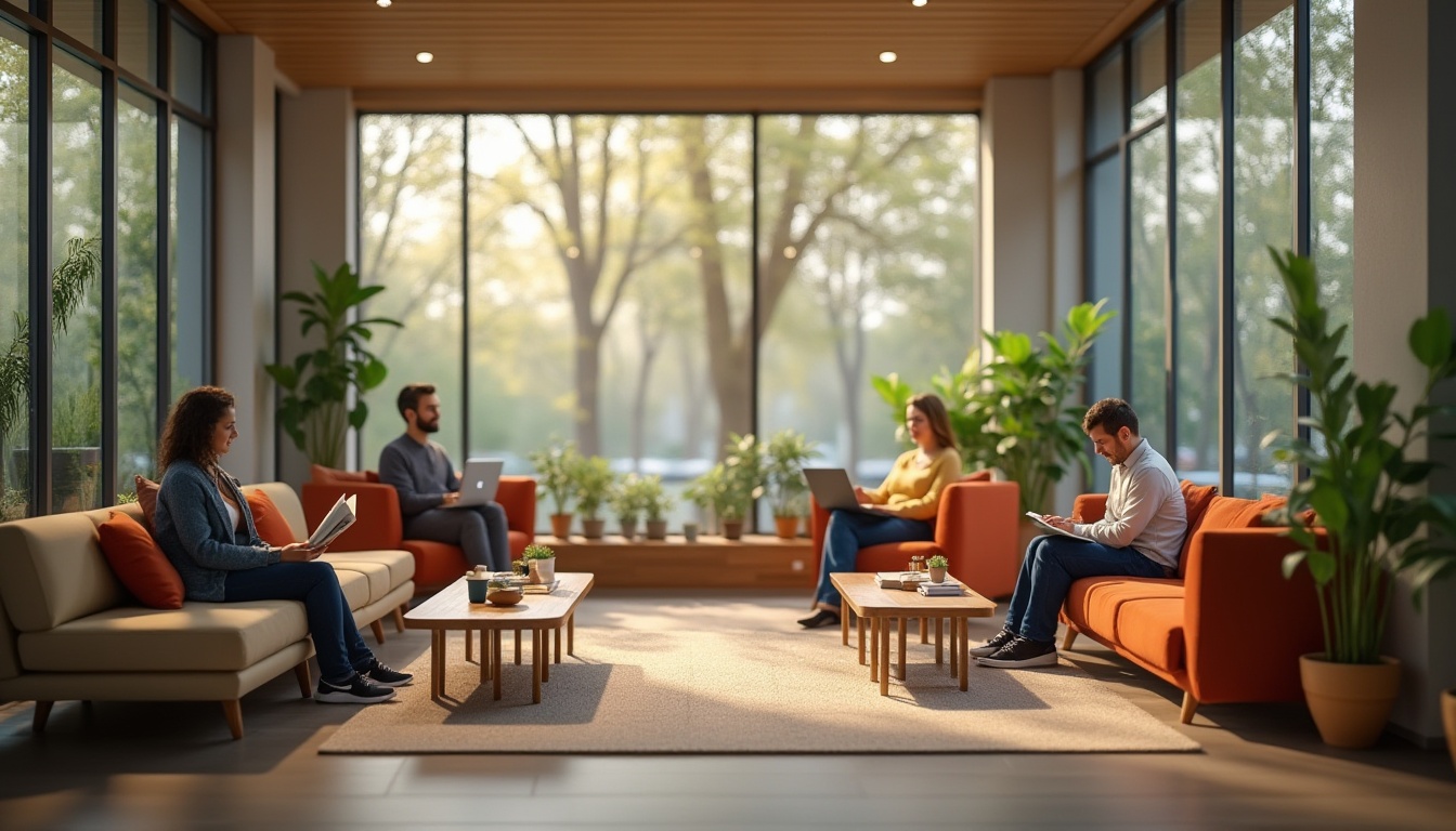 Prompt: Community spaces, clinic interior, modern architecture, glass walls, wooden furniture, cozy atmosphere, warm lighting, soft couches, colorful pillows, patients waiting, reading books, laptops open, plants on tables, natural materials, minimalist decor, calm ambiance, 3/4 composition, soft focus, gentle bokeh, warm color tone, inviting atmosphere.