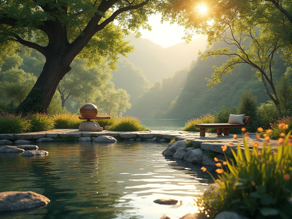 Prompt: Soothing outdoor healing space, serene natural environment, lush greenery, vibrant flowers, calm pond with gentle ripples, wooden benches, stone pathways, warm sunlight filtering through trees, soft misty atmosphere, peaceful ambiance, scenic hills in the background, birds chirping softly, comfortable seating areas, nature-inspired sculptures, earthy tone materials, natural textures, harmony with nature.