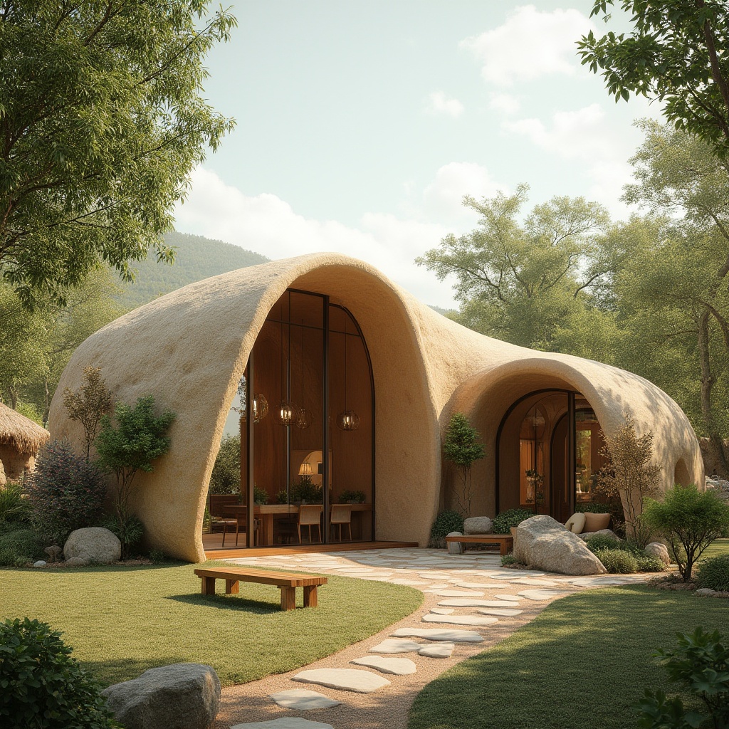 Prompt: Rammed earth architecture, sustainable design, eco-friendly building, natural material, earthy tone, rustic texture, curved lines, organic shape, greenery surroundings, trees, flowers, vines, outdoor seating area, wooden benches, natural lighting, soft shadows, warm atmosphere, 3/4 composition, panoramic view, ambient occlusion, cinematic rendering.