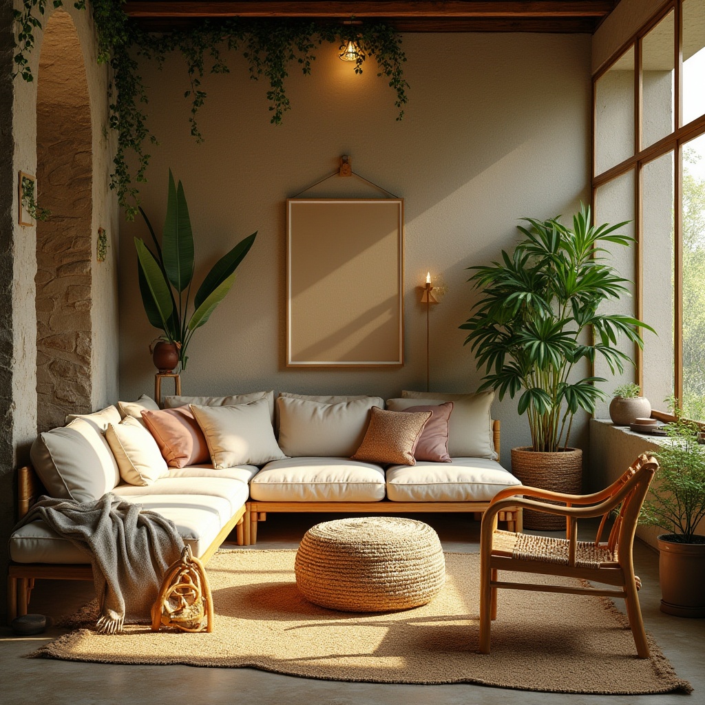 Prompt: Cozy living room, organic design, natural materials, wooden furniture, plants, vines, flower pots, earthy tone, warm lighting, comfortable seating, plush cushions, woven baskets, rattan chairs, nature-inspired decor, stone walls, reclaimed wood, soft blankets, minimalist chic, serene ambiance, inviting atmosphere, afternoon sunbeams, gentle shadows, 3/4 composition, shallow depth of field.