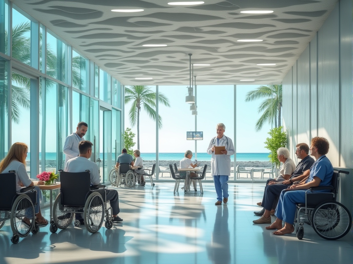 Prompt: Modern healthcare center, coastal area, glass facade, steel structure, wave-inspired architecture, Chukum material, polished floors, soft LED lighting, comfortable waiting areas, medical equipment, doctor in white coat, stethoscope around neck, gentle smile, kind eyes, nurse in blue scrubs, holding clipboard, friendly expression, patients of different ages, wheelchairs, walking canes, beach views from windows, palm trees swaying outside, sunny day, clear sky, calm atmosphere.