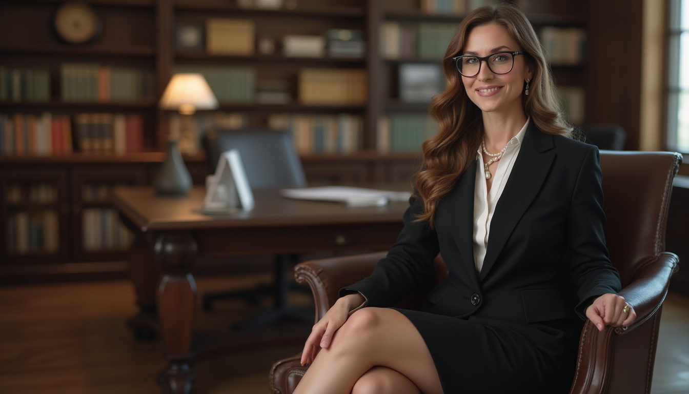 Prompt: Professional woman, mature lady, 30s, elegant hairstyle, subtle makeup, glasses, pearl necklace, white blouse, black blazer, pencil skirt, high heels, sitting, desk, office, bookshelves, leather chair, wooden floor, softbox lighting, warm tone, shallow depth of field, realistic rendering, cinematic composition.