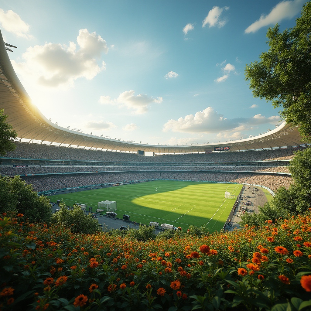 Prompt: Stadium landscape, daytime, sunny sky, lush green grass, vibrant flowers, trees surrounding the stadium, modern architecture, sleek lines, curved roof, natural stone exterior, glass facades, steel beams, dynamic angular composition, dramatic lighting, warm color tones, athletic tracks, soccer field, goalposts, cheering crowds, excited atmosphere, panoramic view, bird's eye perspective.