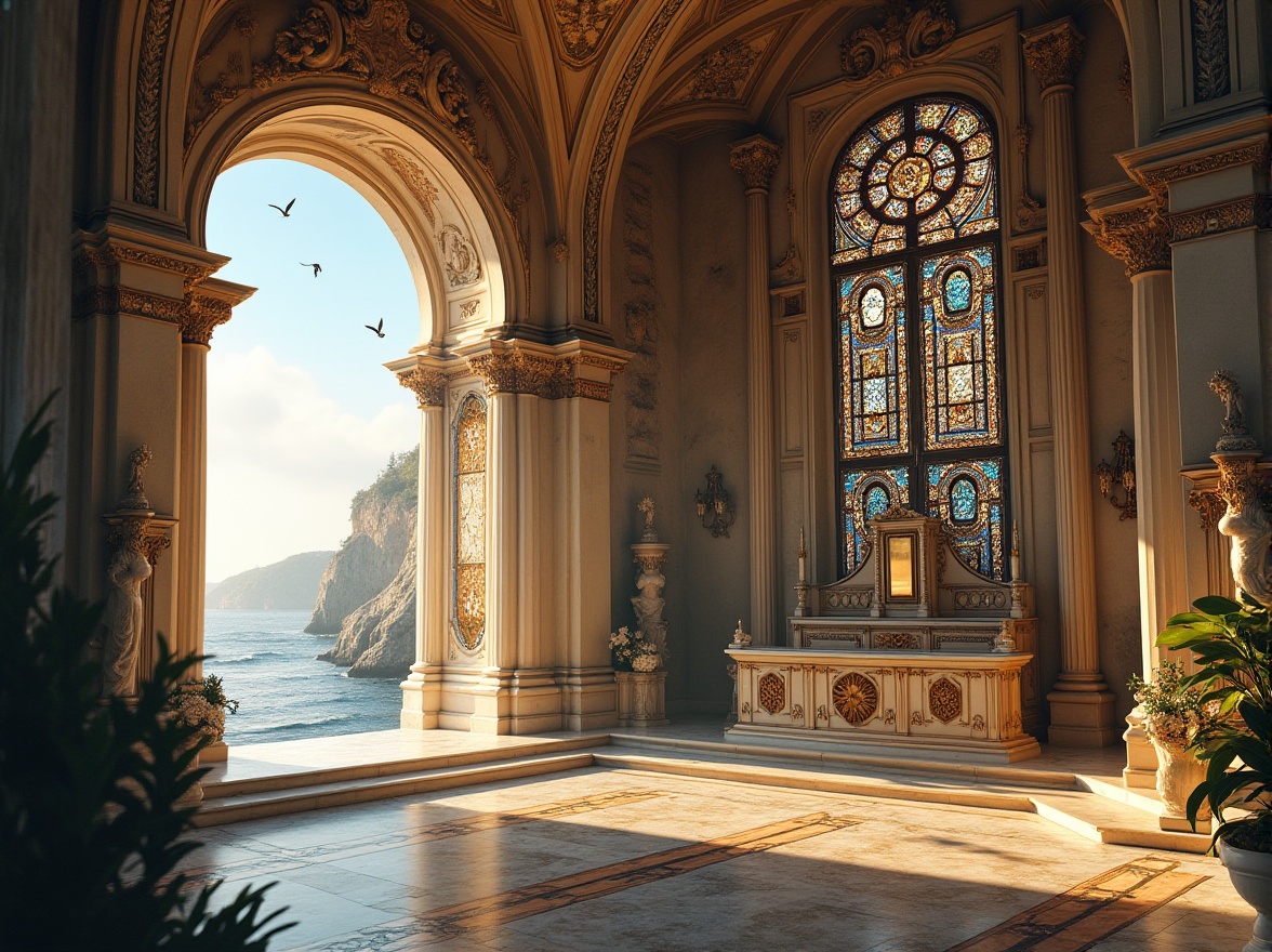 Prompt: Baroque coastal church, Renaissance style architecture, grandeur entrance, ornate stone carvings, stained glass windows, intricate murals, vaulted ceilings, marble floors, majestic altar, golden decorations, seaside setting, cliffs overlooking the ocean, seagulls flying overhead, waves crashing against the shore, warm sunlight streaming through the windows, dramatic lighting, 3/4 composition, cinematic atmosphere.