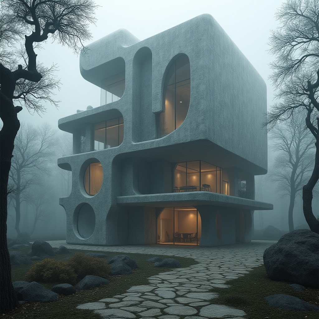 Prompt: Blobitecture building, futuristic architecture, irregular shape, masonry material, concrete texture, rough stone walls, curved lines, abstract composition, dynamic lighting, atmospheric mist, morning dew, natural scenery, forest surroundings, trees with twisted branches, foggy atmosphere, mysterious ambiance, 3/4 composition, low-angle shot, dramatic shadows.