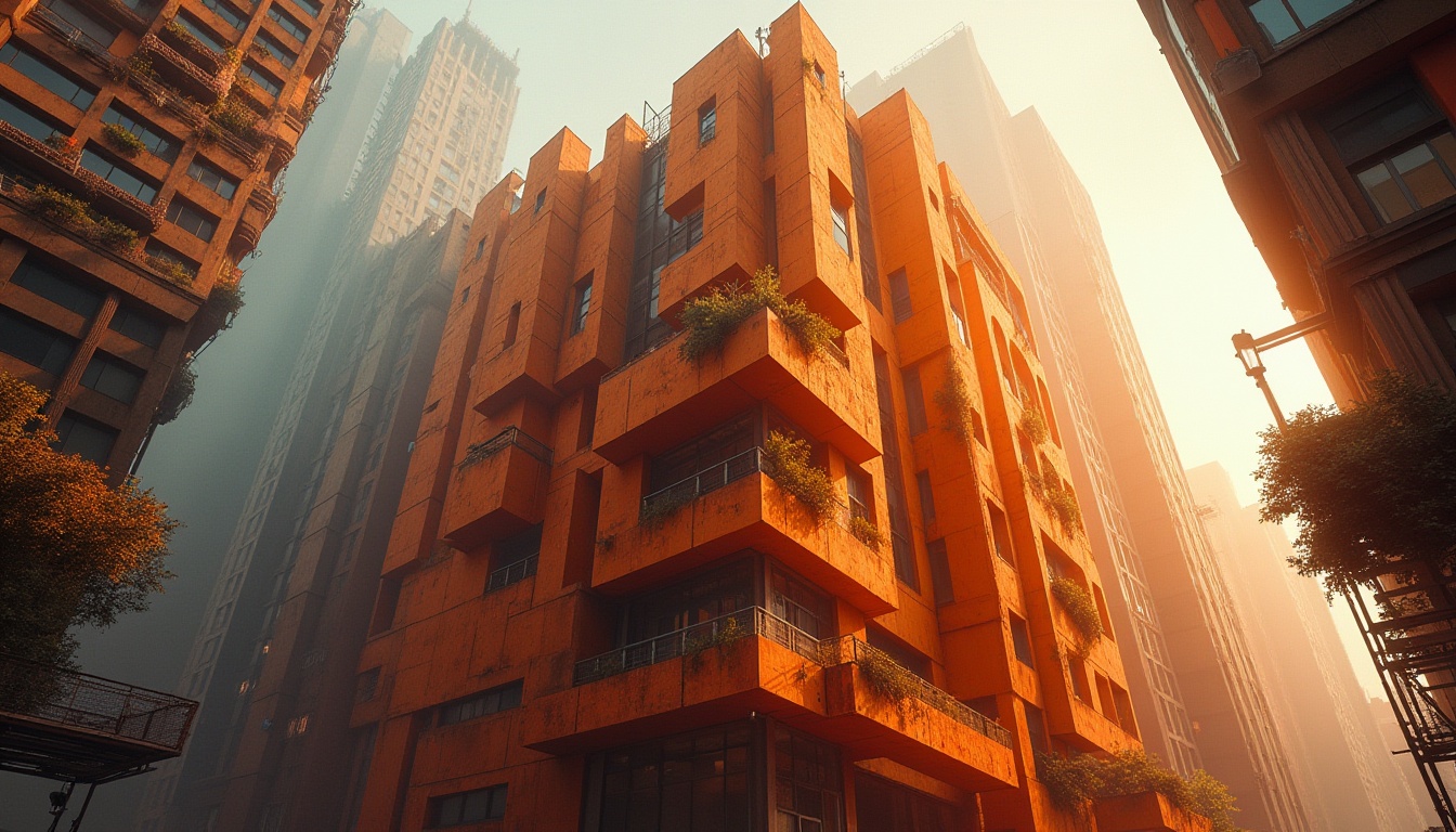 Prompt: Tangerine-colored brutalist skyscraper, urban cityscape, modern architecture, rugged concrete texture, geometric shapes, angular lines, metallic accents, vibrant tangerine hues, glass windows, industrial-style lighting fixtures, dramatic shadows, low-angle shot, cinematic composition, futuristic ambiance, atmospheric mist, warm sunset light, high-rise building, metropolitan backdrop.