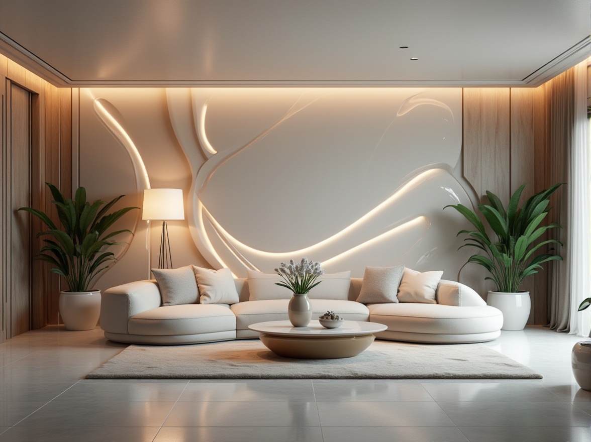 Prompt: Modern, futuristic, interior design, polycarbonate material, transparent, translucent, glossy, curved lines, geometric shapes, sleek, minimalist, Scandinavian style, living room, coffee table, decorative vase, green plants, floor lamp, LED lighting, soft glow, ambient atmosphere, 3/4 composition, panoramic view, depth of field, realistic rendering.