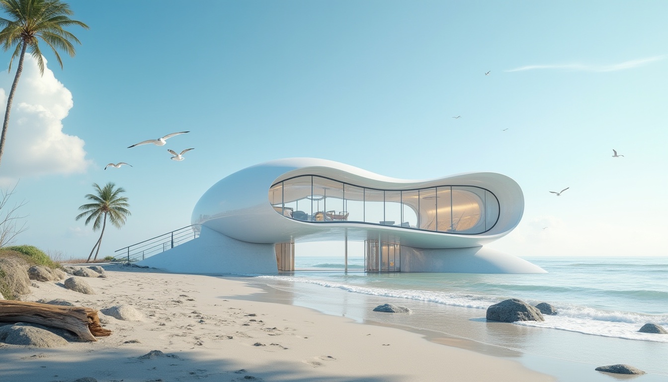 Prompt: Beach monument, modern architecture, polycarbonate material, transparent walls, sleek curves, futuristic design, coastal scenery, sunny day, clear blue sky, gentle waves, sandy beach, seagulls flying overhead, driftwood, beach rocks, monument entrance with revolving doors, interior staircase with glass railing, panoramic view of the ocean, soft natural light filtering through polycarbonate, 3/4 composition, shallow depth of field, realistic texture, ambient lighting, cinematic atmosphere.