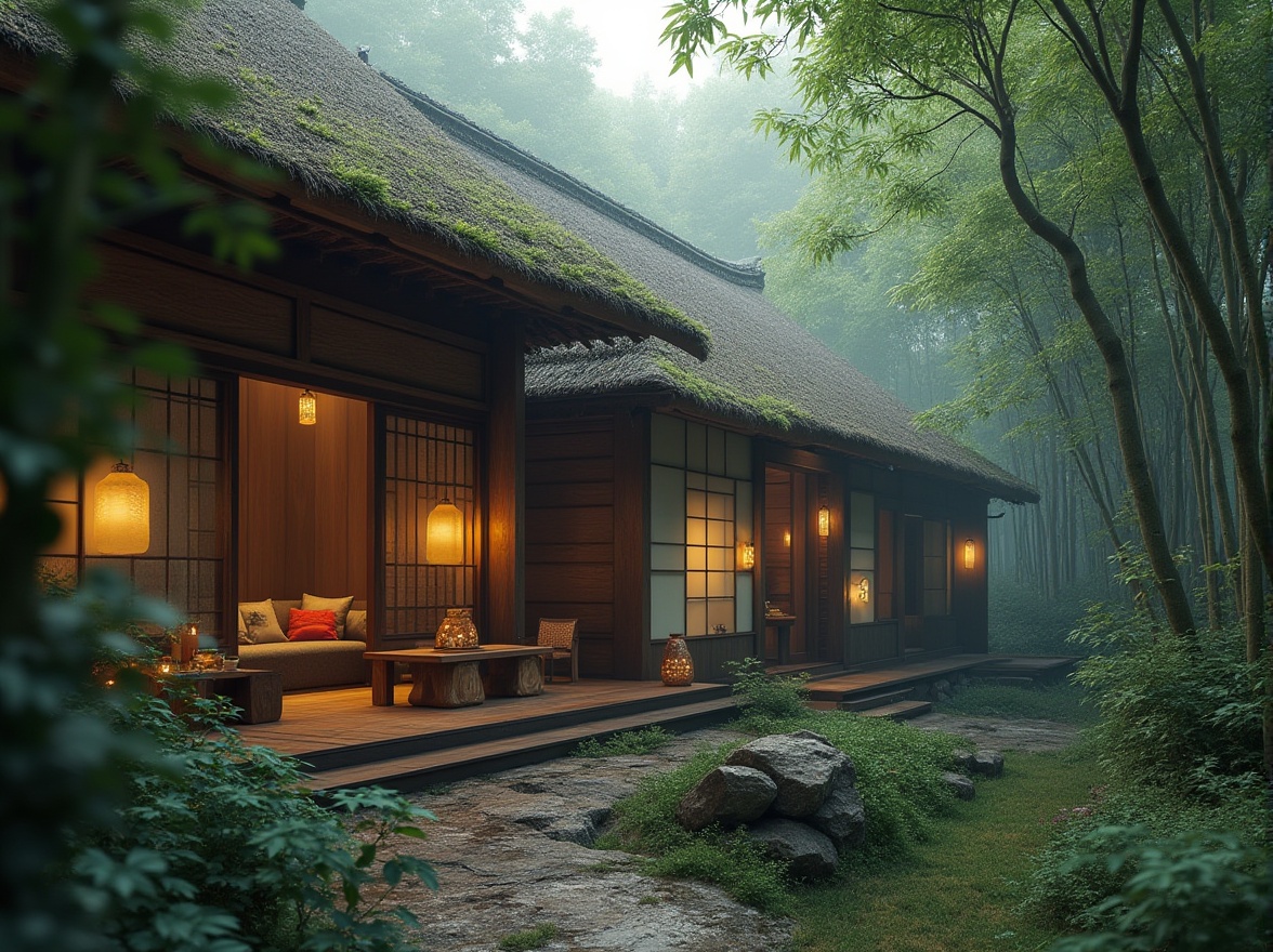 Prompt: Traditional Japanese house, regionalism style, thatched roof, sliding doors, tatami mats, shoji screens, paper lanterns, natural wood accents, minimalist decor, serene ambiance, surrounded by lush greenery, bamboo forest, misty morning, soft diffused light, warm color palette, rustic texture, cozy atmosphere, subtle composition, cinematic mood.