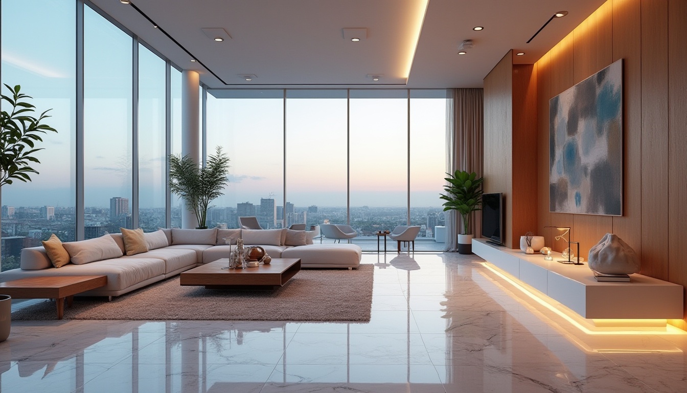 Prompt: Modern luxurious living room, spacious interior design, sleek minimalist lines, large floor-to-ceiling windows, panoramic city view, marble flooring, plush area rug, low-profile sofa, accent walls, ambient LED lighting, wooden coffee table, potted plants, artistic sculptures, contemporary artwork, abstract patterns, soft pastel colors, 3/4 composition, shallow depth of field, cinematic feel.