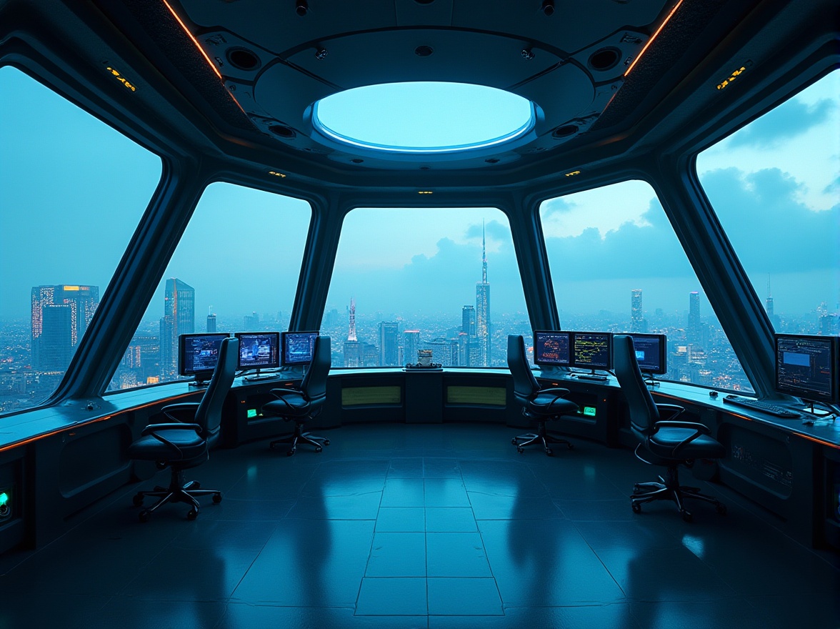 Prompt: Watching tower, futuristic, sleek design, minimal decor, functional spaces, control room, monitoring screens, ergonomic chairs, metal frame, glass walls, cityscape view, panoramic window, urban landscape, neon lights, dark blue lighting, high-tech atmosphere, metallic texture, modern architecture, angular lines, 3/4 composition, cinematic lighting.