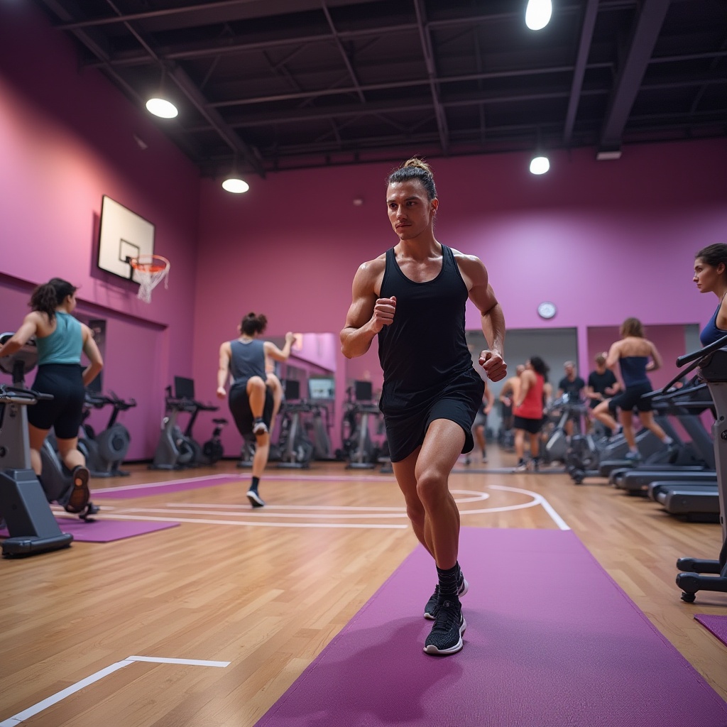 Prompt: Modern gym interior, plum color accent walls, wooden flooring, high ceilings, basketball court, athletic equipment, treadmills, exercise bikes, plum-colored mats, vibrant atmosphere, warm lighting, shallow depth of field, 3/4 composition, dynamic angles, fitness enthusiasts, energetic movements, sporty outfits, sweat droplets, muscular physiques, youthful energy.