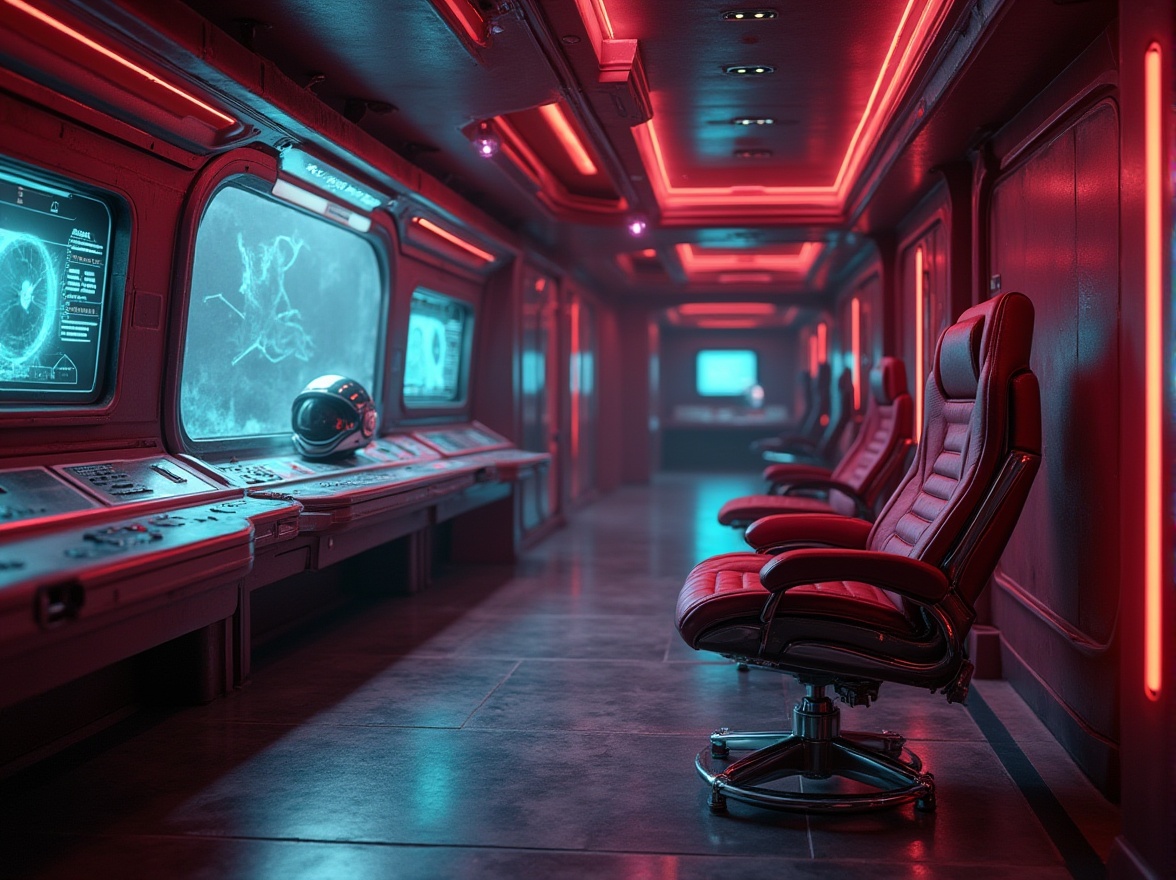 Prompt: Futuristic space station, maroon accent walls, metallic floors, holographic screens, neon lights, sleek lines, minimalist decor, spaceship control panel, astronaut helmet, futuristic chair, maroon leather upholstery, chrome accents, dimly lit, cinematic composition, high-tech atmosphere, 3/4 view, shallow depth of field, sci-fi mood.