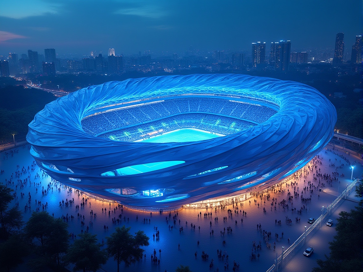 Prompt: Modern stadium architecture, incorporating blue color, sleek curves, metallic materials, translucent roof, vibrant LED lights, evening game atmosphere, night view, urban cityscape background, distant skyscrapers, bustling streets, crowded bleachers, excited fans, sports event, dynamic composition, low-angle shot, cinematic lighting, bold geometric shapes, futuristic design, abstract patterns on the exterior walls.