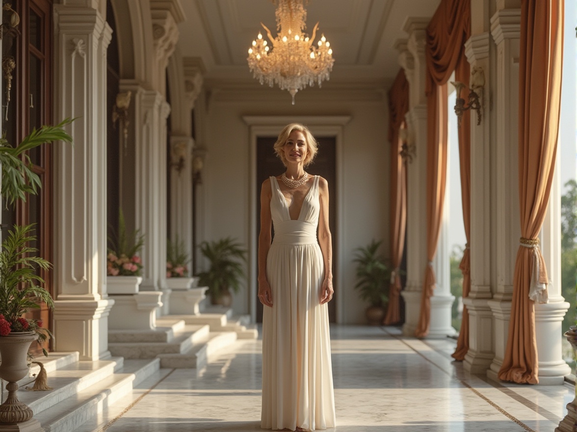 Prompt: Neoclassical architecture, grand entrance, symmetrical facade, plastered concrete columns, ornate arches, intricate carvings, detailed moldings, luxurious chandelier, polished marble floor, sweeping staircase, dramatic drapery, lavish furnishings, mature lady, elegant dress, pearl necklace, poised posture, standing, daytime, soft natural light, cinematic composition, 3/4 view, shallow depth of field, realistic texture.