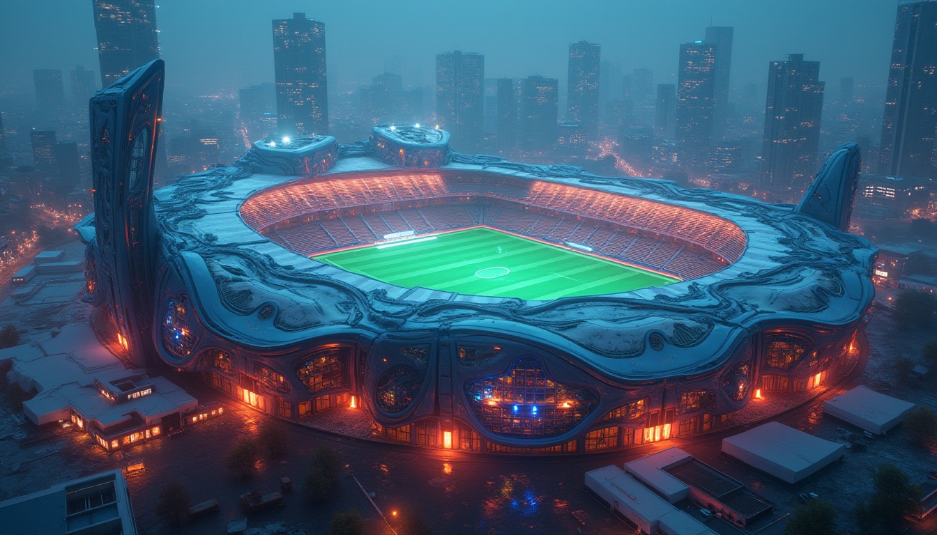 Prompt: Futuristic football stadium, postmodern architecture, fragmented structures, irregular shapes, bold colors, neon lights, metallic materials, transparent glass, abstract patterns, deconstructivist design, dynamic angles, 3/4 composition, low-angle shot, dramatic lighting, misty atmosphere, urban cityscape background, skyscrapers nearby, night scene, vibrant color palette.