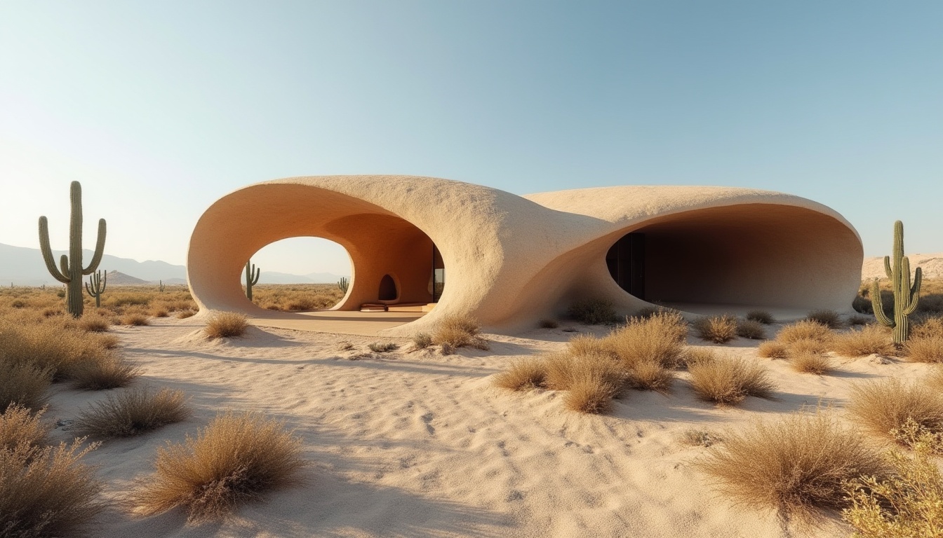 Prompt: Rammed earth structure, sustainable modern design, eco-friendly building material, natural texture, earthy tone, rough surface, organic shape, curved lines, minimalist architecture, desert landscape, cactus plants, blue sky, warm sunlight, soft shadows, 3/4 composition, shallow depth of field, rustic ambiance.