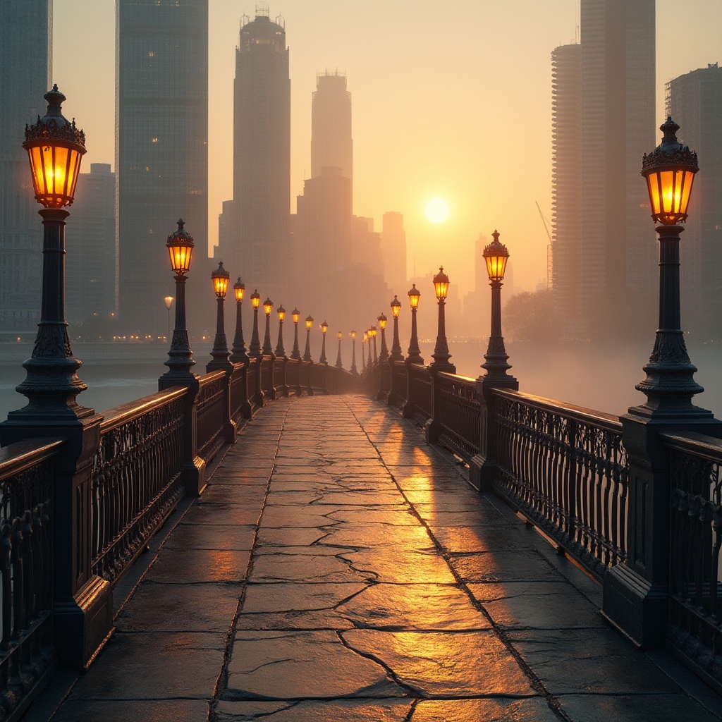 Prompt: Art Deco bridge, curved lines, geometric patterns, luxurious metal railings, ornate lamp posts, symmetrical composition, sunset golden light, river reflection, urban cityscape, modern skyscrapers, misty atmosphere, warm ambient lighting, cinematic mood, low-angle shot, 3/4 composition, detailed texture, metallic material, elegant architecture.