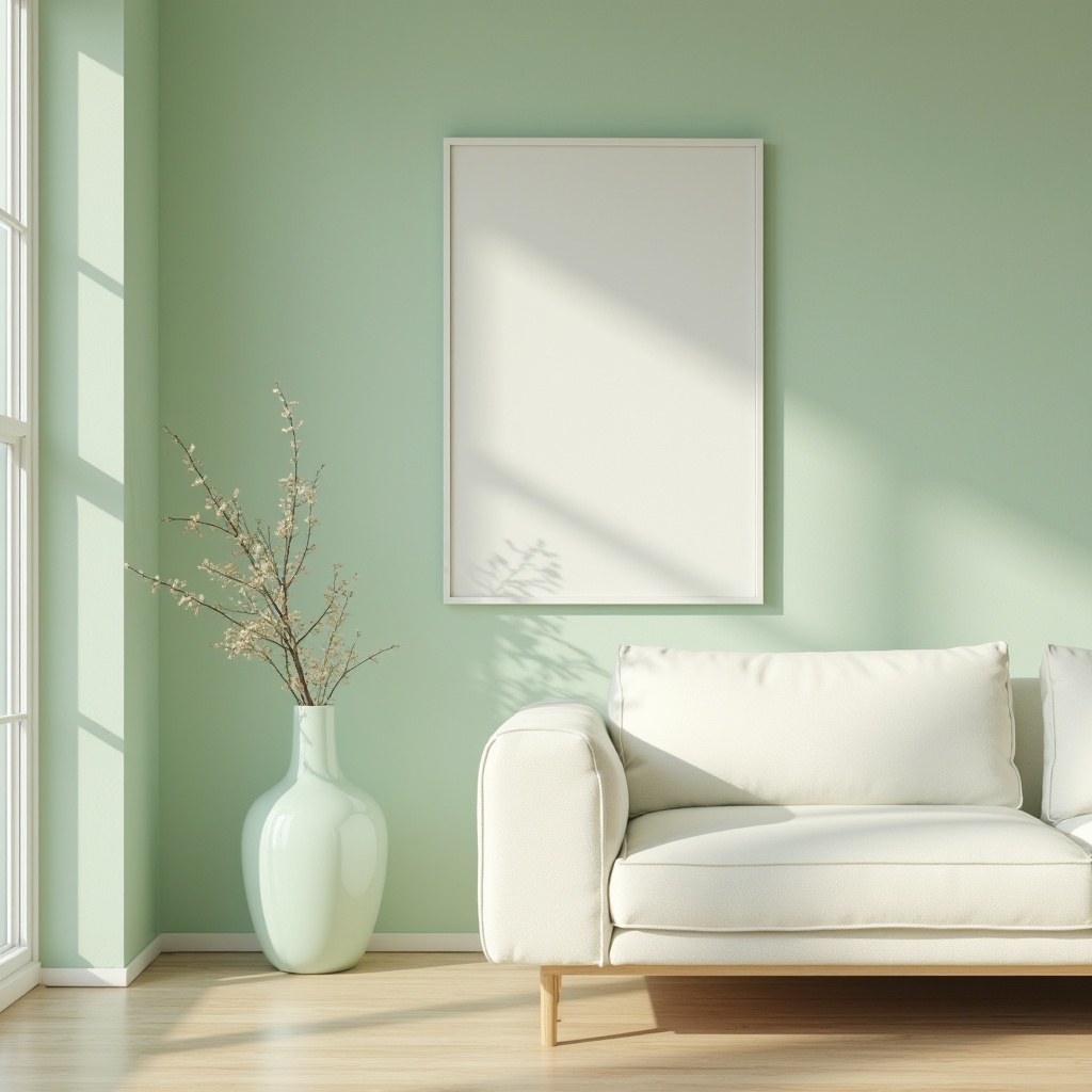 Prompt: Pale green accent wall, modern minimalist interior, solo decorative vase, pale green glass table lamp, light cream sofa, wooden floor, abstract art painting, soft natural lighting, 3/4 composition, calm atmosphere, Scandinavian design style, bright and airy room, subtle texture, gentle curve lines, relaxing ambiance, morning sunlight.