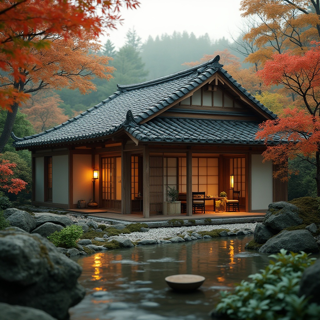 Prompt: Traditional Japanese house, regionalism style, tiled roof, curved lines, natural materials, wooden accents, paper sliding doors, tatami mats, minimal ornamentation, simple yet elegant, warm lighting, cozy atmosphere, surrounded by lush greenery, Japanese maple trees, stone lanterns, serene water features, peaceful ambiance, soft focus, warm colors, natural textures, intimate composition.