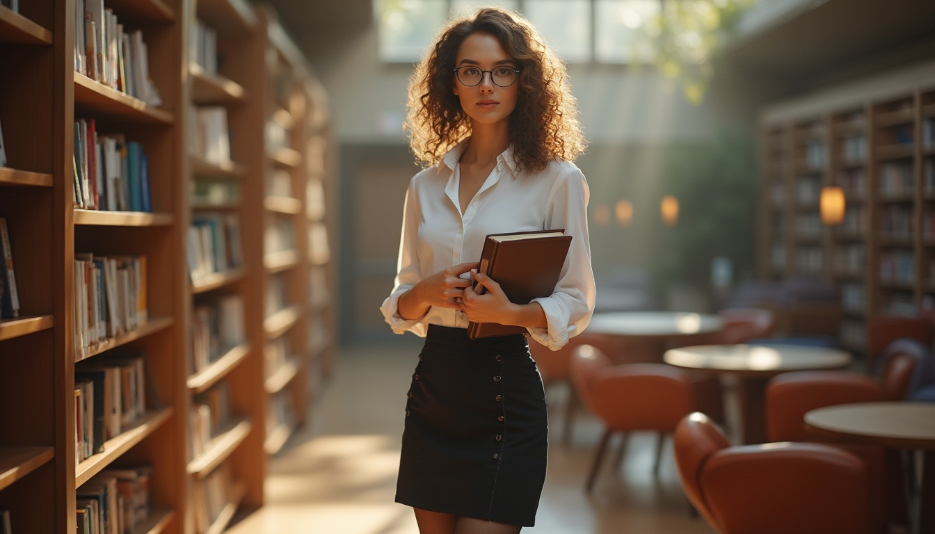 Prompt: Elegant academic lady, 25yo, glasses, curly brown hair, subtle makeup, white blouse, black pencil skirt, stockings, high heels, holding a book, standing in a modern university library, surrounded by tall shelves, wooden tables, leather chairs, warm lighting, soft focus, shallow depth of field, gentle composition, afternoon sunbeams filtering through the windows.