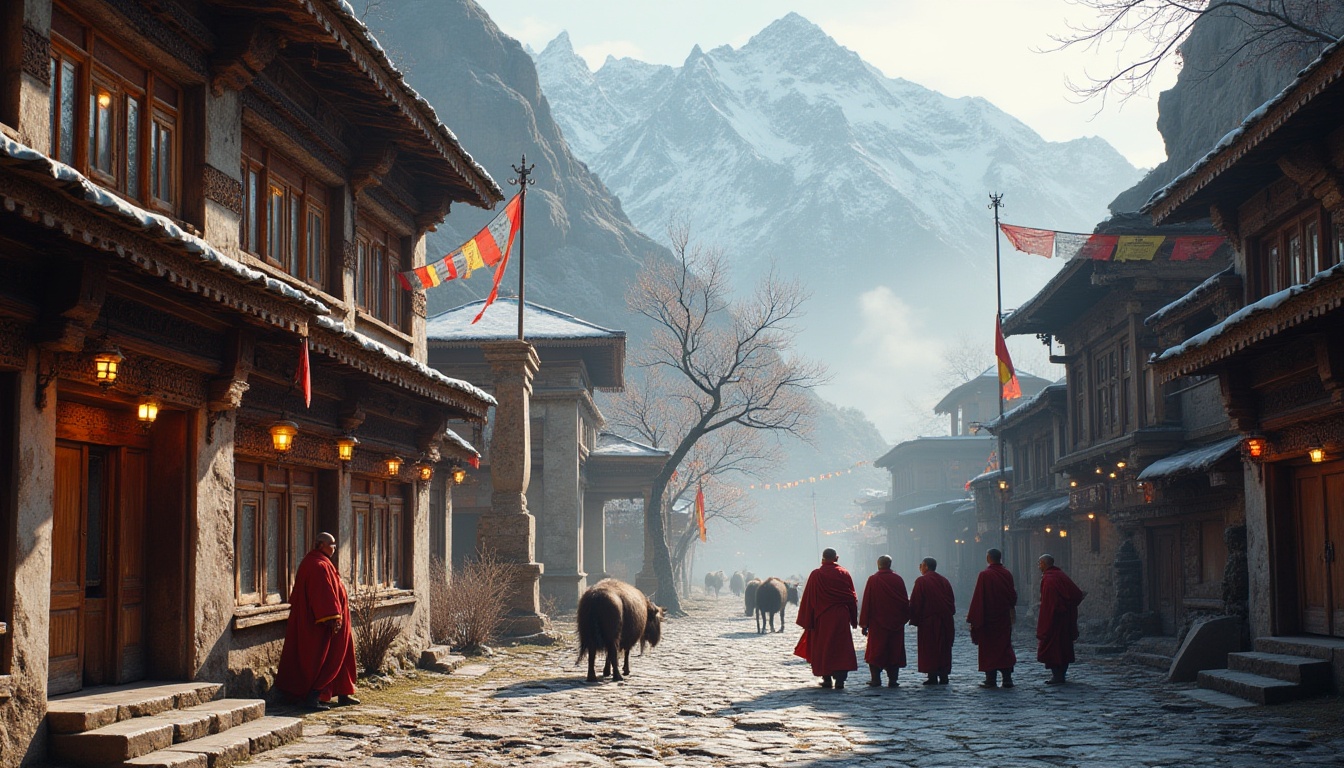 Prompt: High-altitude plateau, Tibetan-inspired architecture, intricately carved wooden buildings, snow-capped mountains, prayer flags fluttering in the wind, serene Buddhist monks, richly textured fabrics, warm lighting, misty atmosphere, distant yaks grazing, ancient tree branches, stone paved paths, worn leather boots, crimson robes, gentle smoke rising from chimneys, rustic wooden doors, lanterns hanging from eaves, 3/4 composition, warm color palette, cinematic mood.