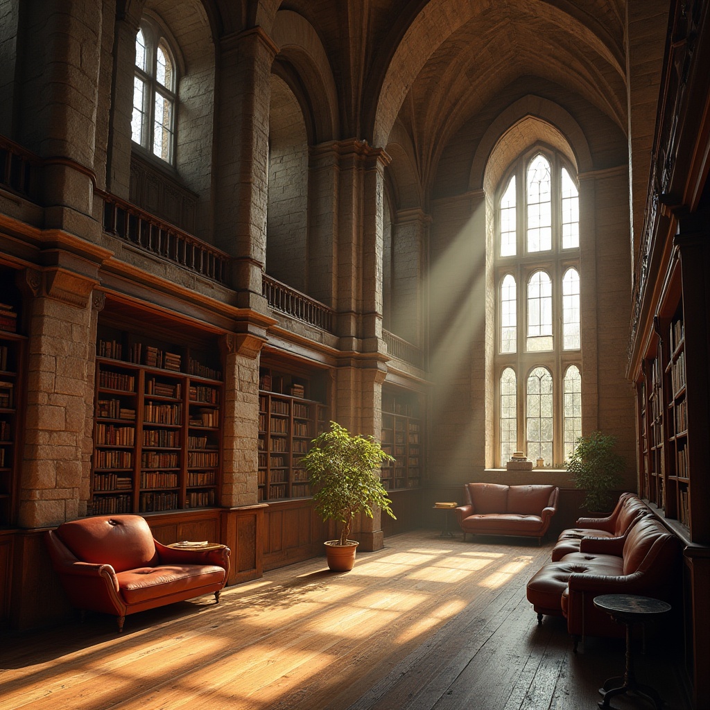 Prompt: Ancient library, grand hall, high ceiling, large windows, warm natural light, stone walls, brick masonry, rough texture, ornate columns, wooden shelves, old books, leather-bound tomes, comfortable reading areas, soft cushions, warm color palette, cozy atmosphere, morning sunlight, gentle shadows, realistic details, cinematic composition, 3/4 view, shallow depth of field.