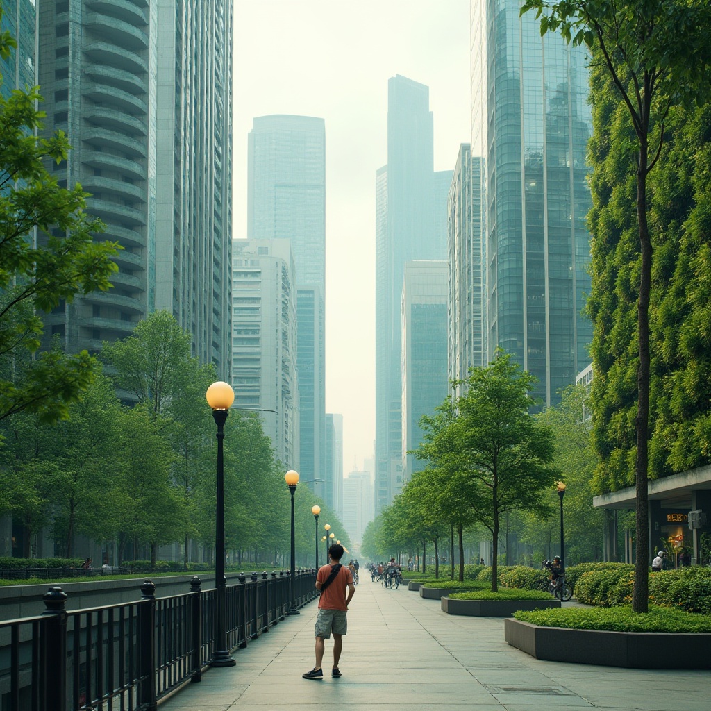 Prompt: urban cityscape, light green accents, modern skyscrapers, sleek glass facades, greenery walls, lush vertical gardens, pedestrian walkway, street lamps, bike lanes, young adult, casual wear, holding coffee cup, standing near railings, soft morning light, cloudy sky, 3/4 composition, shallow depth of field, vibrant city atmosphere.