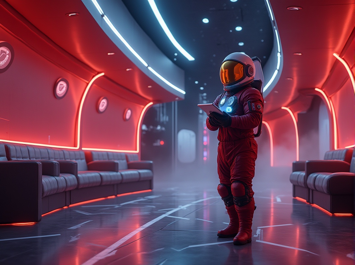 Prompt: Futuristic space, maroon accent walls, neon lights, metallic floor, holographic projections, sleek lines, minimalist decor, modern chairs, circular tables, ambient glow, atmospheric mist, distant stars, spaceship interior, astronaut in maroon spacesuit, helmet with gold visor, holding futuristic tablet, standing in zero gravity, low-angle shot, cinematic lighting, 3/4 composition.