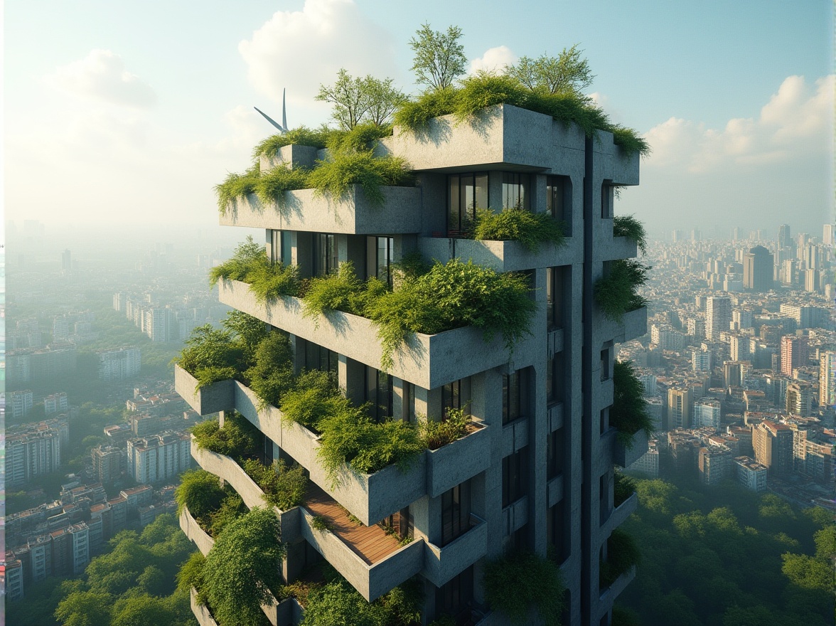 Prompt: Brutalist skyscraper, sustainability, green architecture, modern cityscape, urban jungle, concrete monolith, industrial chic, lush rooftop garden, solar panels, wind turbines, rainwater harvesting system, living walls, recycled materials, natural ventilation, open floor plan, minimalist decor, steel beams, exposed ductwork, floor-to-ceiling windows, panoramic city view, morning light, soft shadows, cinematic composition.