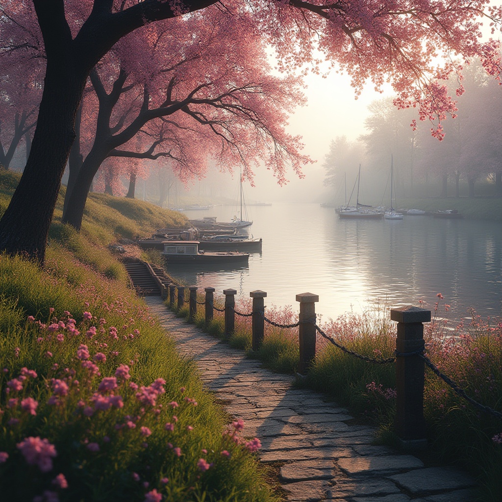 Prompt: Mauve-colored riverbank, peaceful atmosphere, gentle slope, lush green grass, wild mauve flowers blooming, stone stairs leading down to the water's edge, old wooden docks stretching out into the calm river, few sailboats docked, warm soft lighting, late afternoon, 3/4 composition, mauve-toned trees leaning over the river, subtle ripples on the water surface, ambient mist, depth of field, cinematic feel.