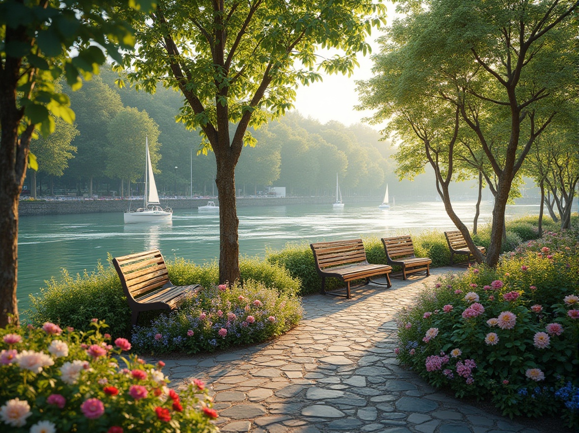 Prompt: Successful riverbank projects, vibrant greenery, lush trees, colorful blooming flowers, wooden benches, winding stone pathways, serene waterfront views, calm rippling water, sailboats, kayaks, sunny afternoon, warm soft lighting, gentle breeze, panoramic view, 3/4 composition, depth of field, realistic, ambient light, cinematic composition.