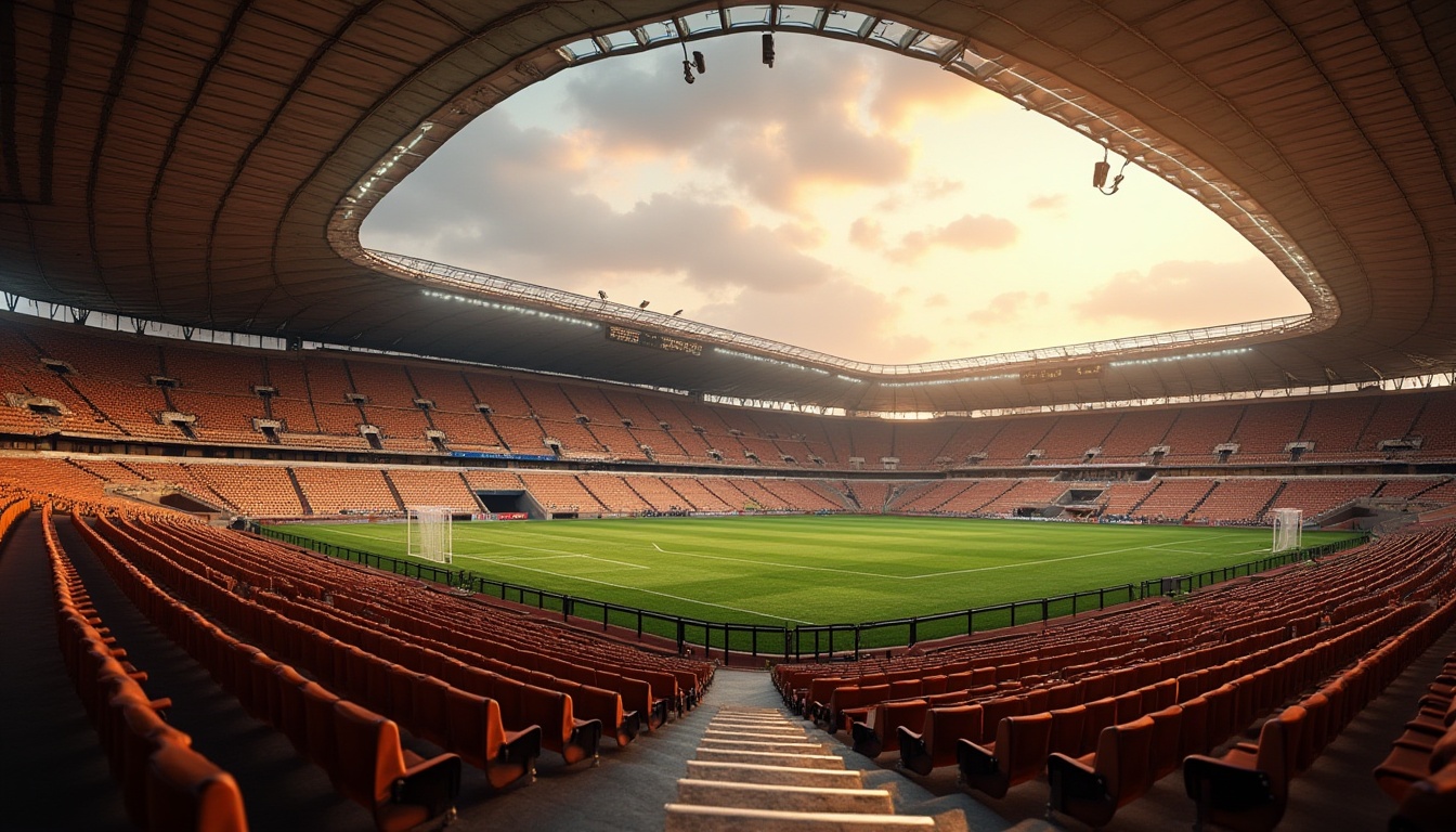 Prompt: Brown stadium, evening game, sunset glow, warm ambient lighting, brown stone walls, wooden benches, earthy tone flooring, green grass field, white goalposts, brown leather seats, rectangular scoreboard, modern architecture, angular lines, open roof structure, cloudy sky, soft focus, natural texture, realistic render.