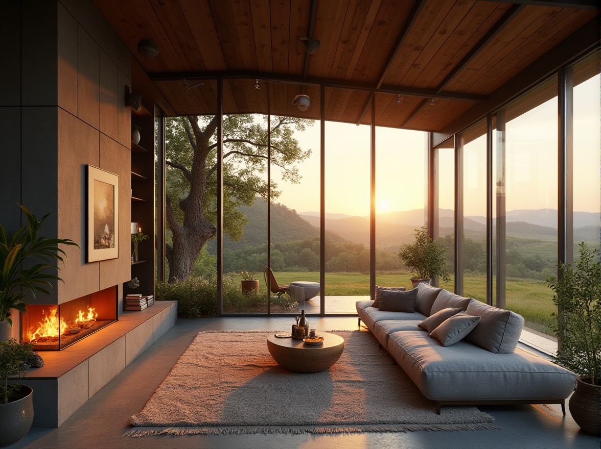 Prompt: Rural penthouse, modern farmhouse, luxury villa, wooden structure, glass walls, steel beams, rustic exterior, minimalist interior, concrete floors, industrial lamps, cozy fireplace, plush sectional sofa, nature-inspired decor, panoramic views, rolling hills, green pastures, wildflowers blooming, sunset warm lighting, 3/4 composition, cinematic depth of field, realistic texture.