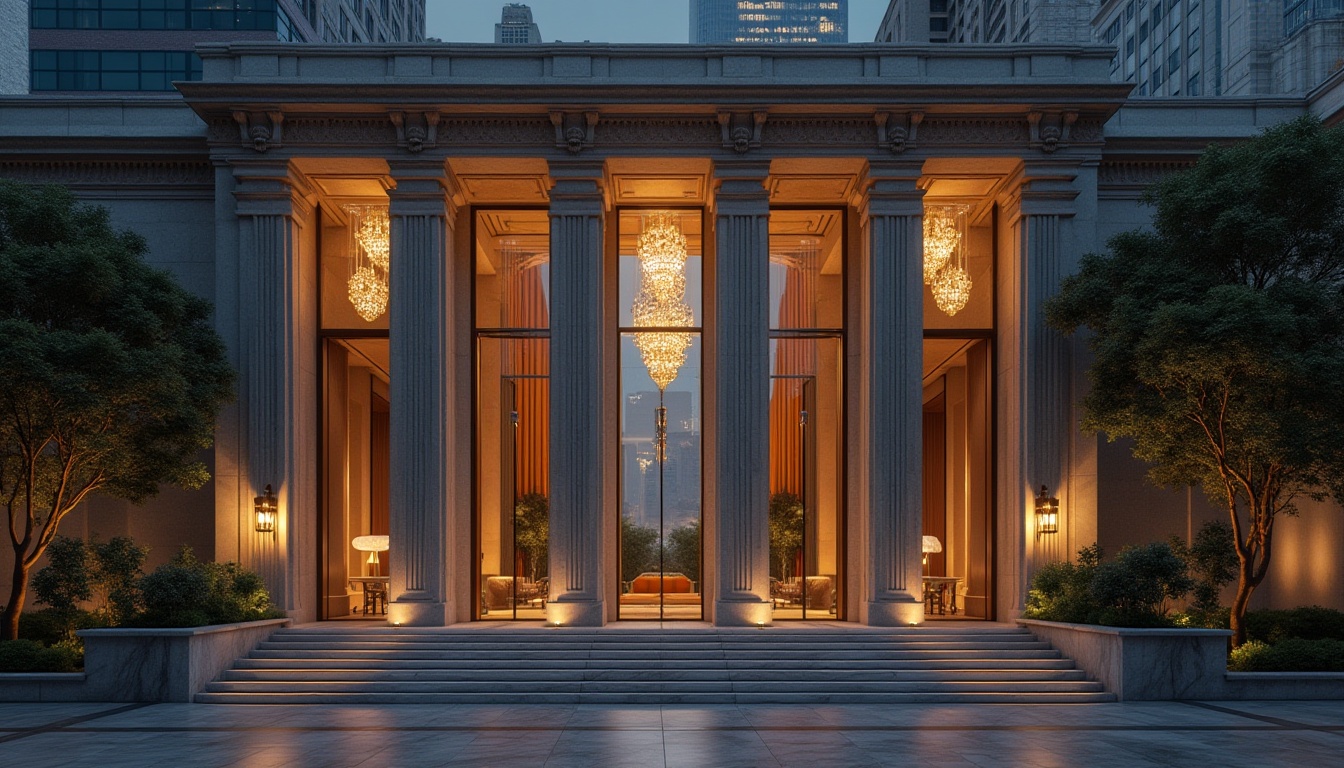 Prompt: Neoclassical architecture, modern twist, grand entrance, Ionic columns, ornate carvings, gold leaf details, sleek glass facade, minimalist interior, marble floors, lavish chandeliers, opulent furnishings, velvet drapes, subtle lighting, evening atmosphere, cityscape background, skyscrapers, foggy night, cinematic composition, 3/4 view.