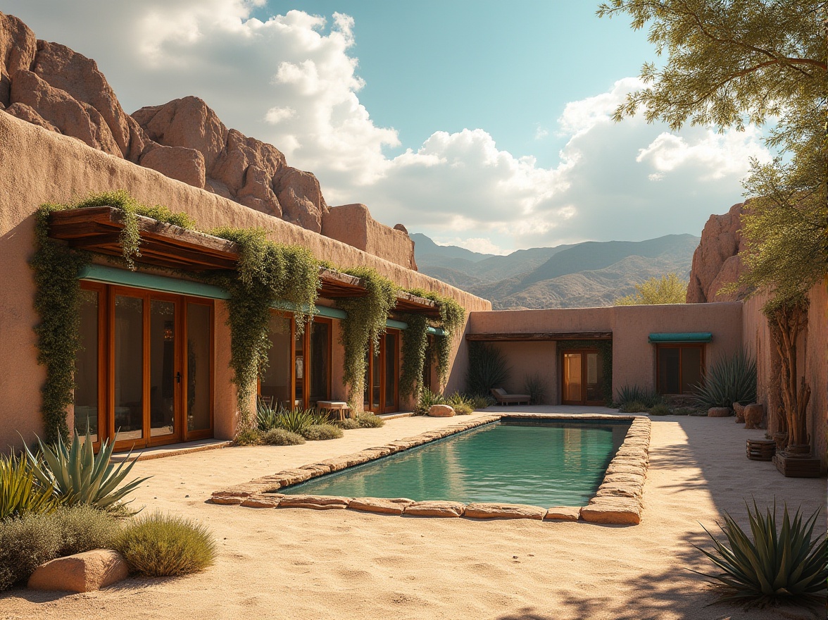 Prompt: Canyon architecture, adapting to climate, desert landscape, adobe-style building, earthy tone, rugged stone walls, wooden beams, turquoise accents, vines crawling up walls, large windows, panoramic view, natural lighting, open courtyard, water feature, succulent plants, sandy ground, warm sunlight, soft shadows, 3/4 composition, cinematic angle, dramatic clouds.