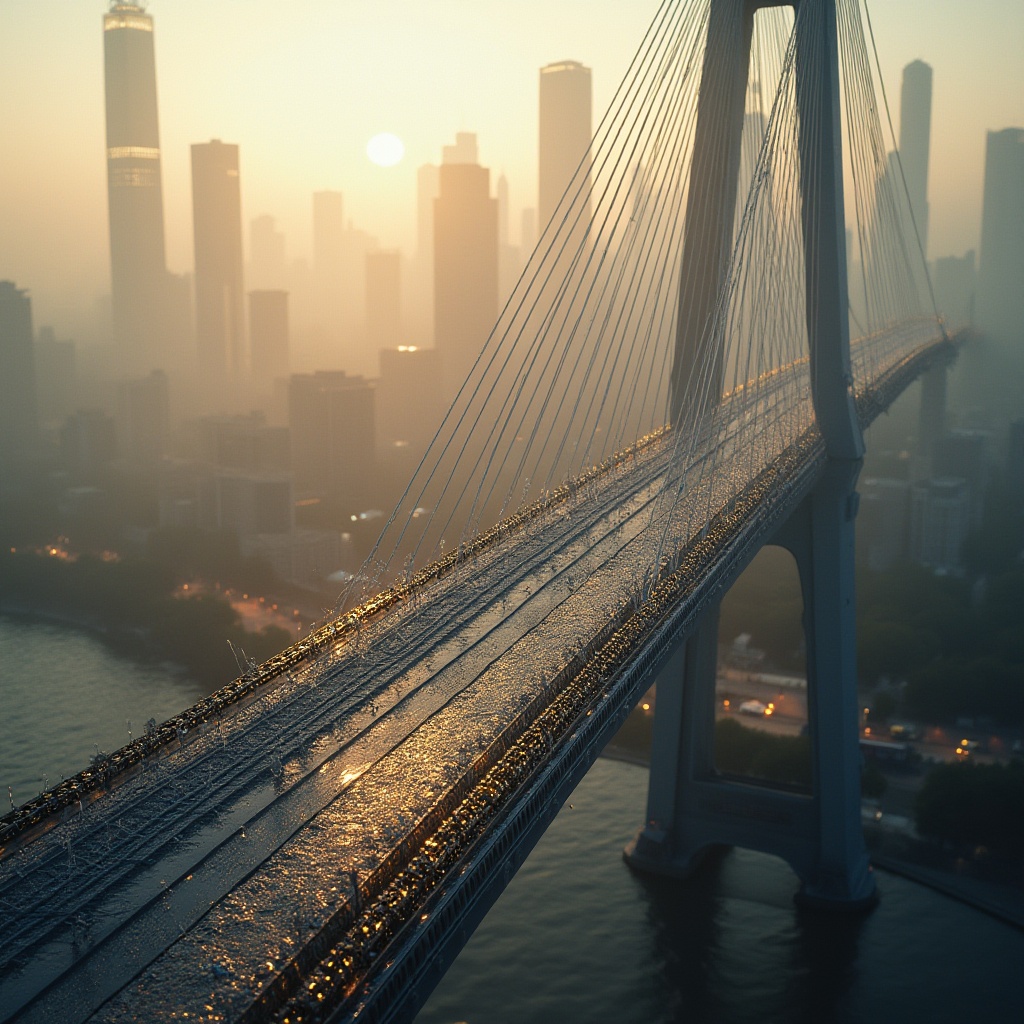 Prompt: Modern, futuristic, suspension bridge, intricate fabric-like cables, woven metallic threads, iridescent sheen, misty atmosphere, cityscape background, skyscrapers, river flowing underneath, warm golden lighting, dramatic shadows, close-up on fabric texture, 3/4 composition, shallow depth of field, soft focus on background, high contrast, cinematic mood.