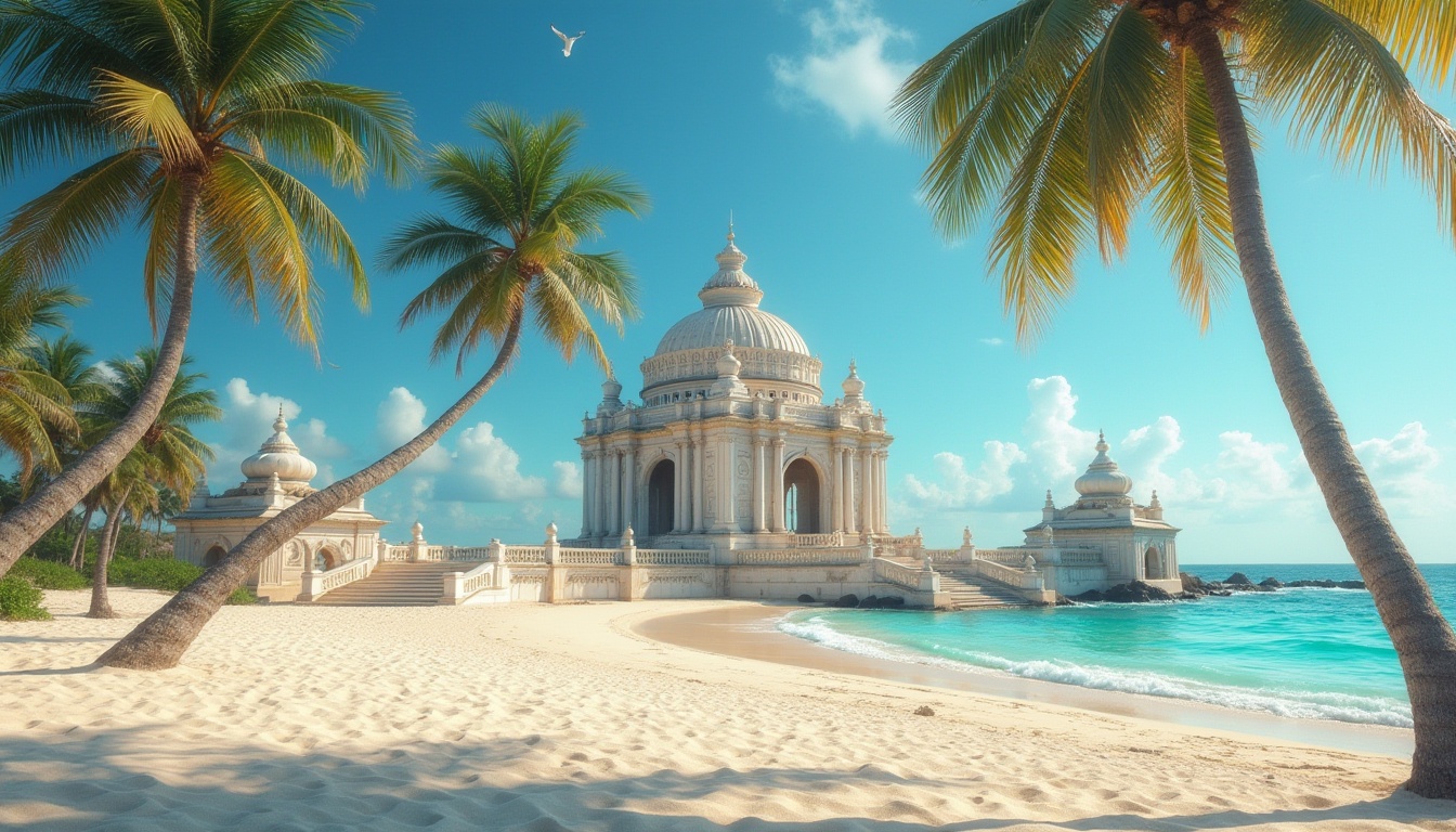 Prompt: Beach monument, grandiose stone structure, intricate carvings, majestic columns, ornate details, warm sandy beach, crystal clear turquoise water, palm trees swaying gently, seagulls flying overhead, sunny day, bright blue sky, few puffy white clouds, dramatic shadows, low-angle shot, symmetrical composition, warm golden lighting, cinematic mood, tropical atmosphere.