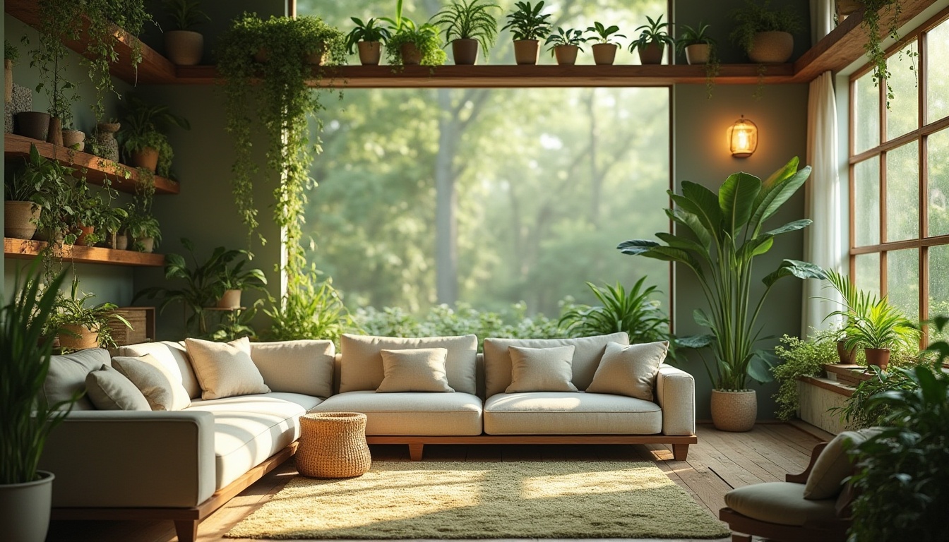 Prompt: Calming atmosphere, modern living room, green color schemes, natural ambiance, plants on shelves, vines crawling up walls, wooden furniture, minimal decor, soft cushions, earthy tones, moss-like carpet, natural textiles, woven baskets, large windows, abundant sunlight, morning dew, subtle shadows, soft focus, bokeh effect, warm lighting, inviting composition.