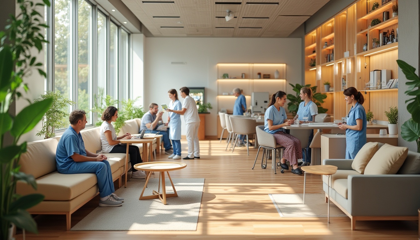 Prompt: Modern clinic, community space, calming atmosphere, natural light, wooden floors, comfortable sofas, vibrant green plants, minimalistic decor, subtle branding, circular tables, collaborative seating, acoustic panels, soft background music, warm lighting, healing ambiance, diverse age groups, smiling faces, gentle interactions, nurses in scrubs, doctors with stethoscopes, patients with walking sticks, wheelchair accessibility, calming colors, open shelves with health books, inspirational quotes on walls, peaceful corner with aquarium, waiting area with charging stations.