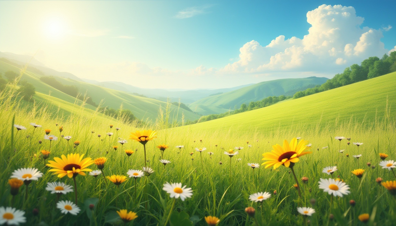 Prompt: Meadow concept, idyllic scenery, sunny day, warm light, vibrant colors, lush green grass, variety of wildflowers blooming, daisies, sunflowers, cosmos, gentle breeze, soft rustling sound, few fluffy clouds, blue sky, rolling hills, serene atmosphere, peaceful ambiance, natural textures, earthy tones, effortless composition, shallow depth of field, warm color palette, filmic lighting.