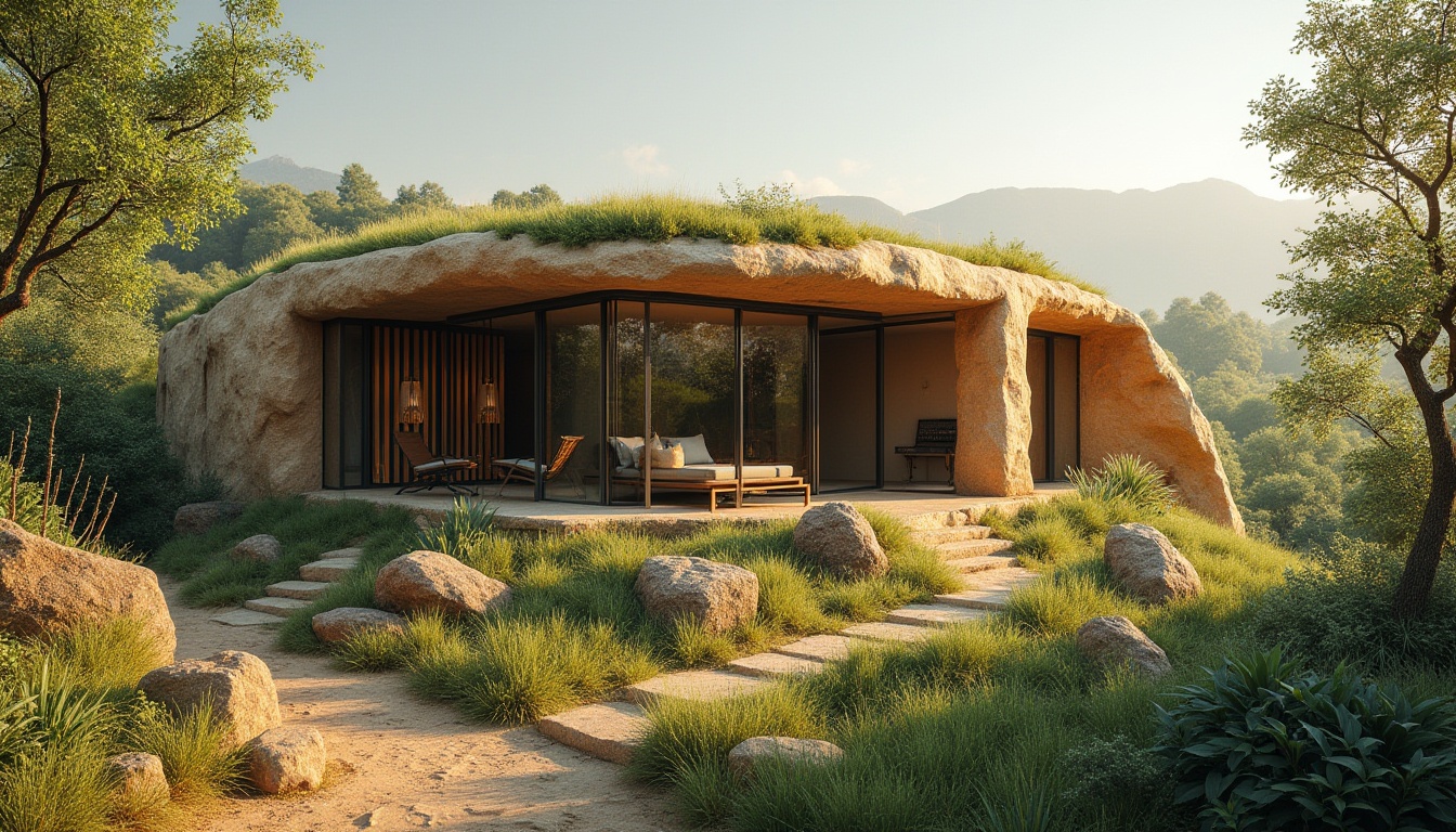 Prompt: Rammed earth structure, sustainable design, eco-friendly building, natural materials, earthy tone, rough texture, rustic architecture, villa, residential area, green roof, lush vegetation, sunny day, soft lighting, warm ambiance, 3/4 composition, shallow depth of field, environmental theme, conservation concept.