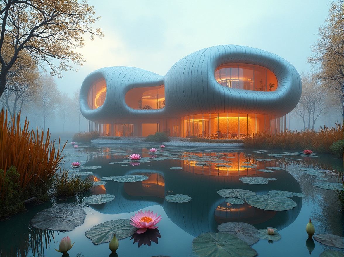 Prompt: Wetland bank, postmodern architecture, curved lines, irregular shapes, vibrant colors, reflective glass, metallic accents, water features, lotus flowers, reeds, cattails, misty atmosphere, dramatic lighting, low-angle shot, wide-angle lens, shallow depth of field, abstract composition, avant-garde, futuristic, sustainable design.