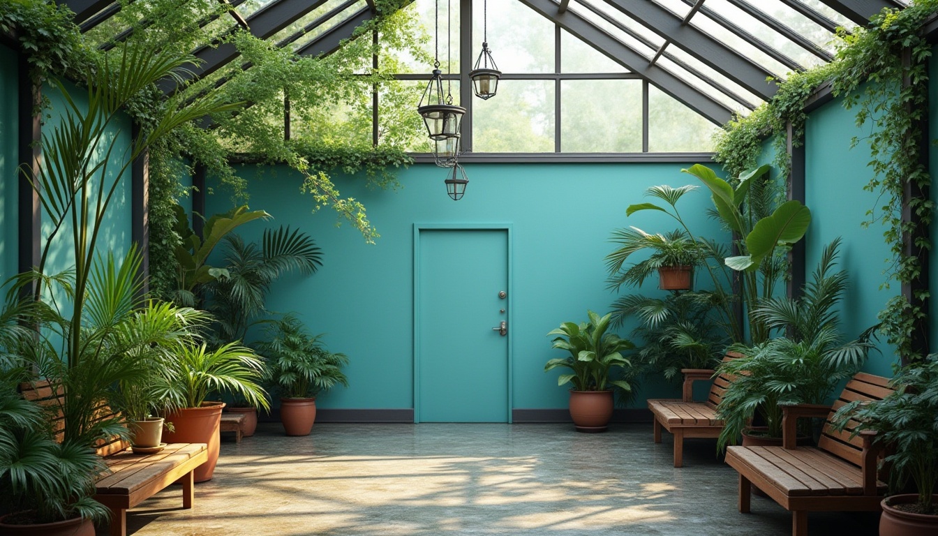 Prompt: Cerulean blue accent walls, lush green plants, vines crawling up trellises, modern minimalist greenhouse, steel frame structure, glass roof, natural light pouring in, tropical atmosphere, warm soft lighting, wooden benches, potted palms, hanging baskets, terracotta pots, rustic stone flooring, misty ambiance, serene composition, 3/4 angle view.