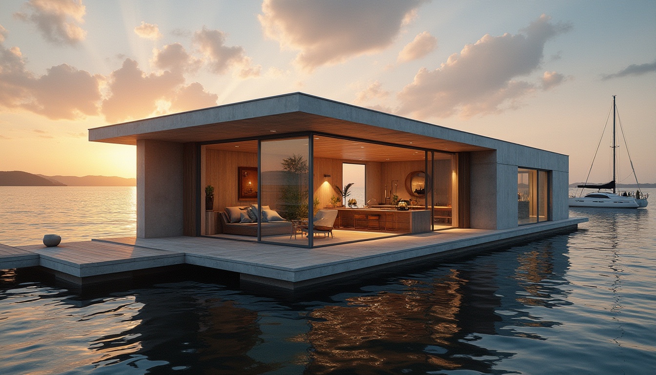 Prompt: Modern boathouse, luxurious, riverside, wooden dock, sailboat, yacht, reflective water, sunset, warm ambient lighting, soft ripples, peaceful atmosphere, plastered concrete walls, minimalistic design, large glass windows, sliding doors, open floor plan, cozy interior, industrial chic decor, metal beams, wooden accents, natural textures, modern furniture, bohemian style, waterfront view, 3/4 composition, panoramic view.